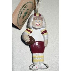 Vintage Charlee McGee Football Player Christmas Ornament Figure Molded Resin Tag
